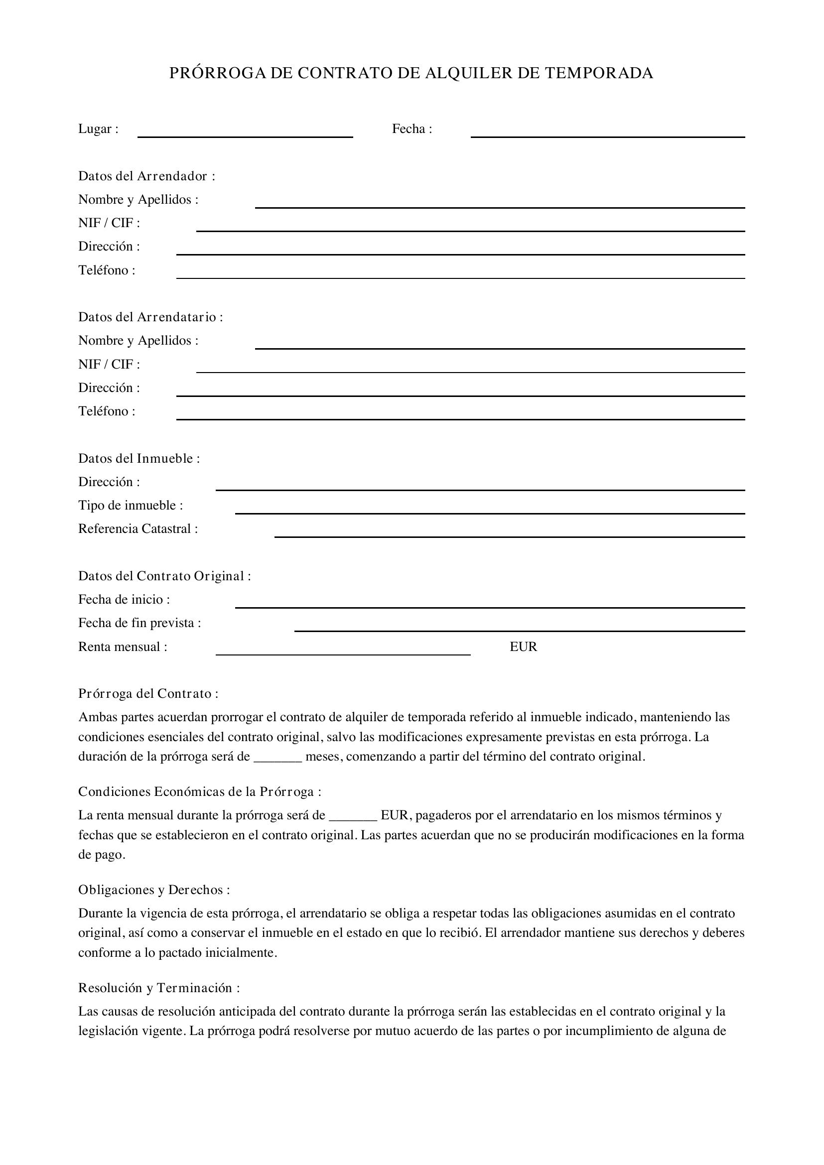 Modelo Prórroga Contrato Alquiler Temporada