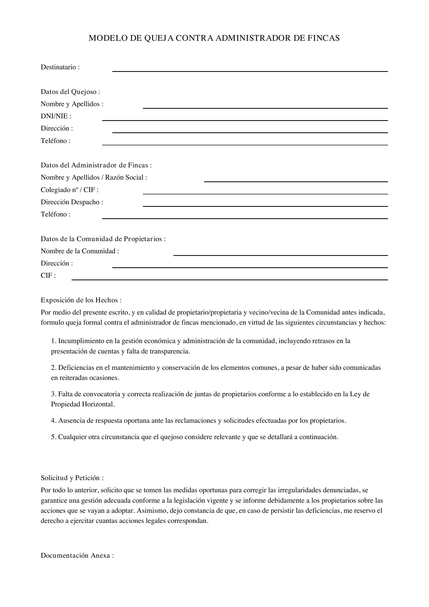 Modelo Queja Administrador De Fincas