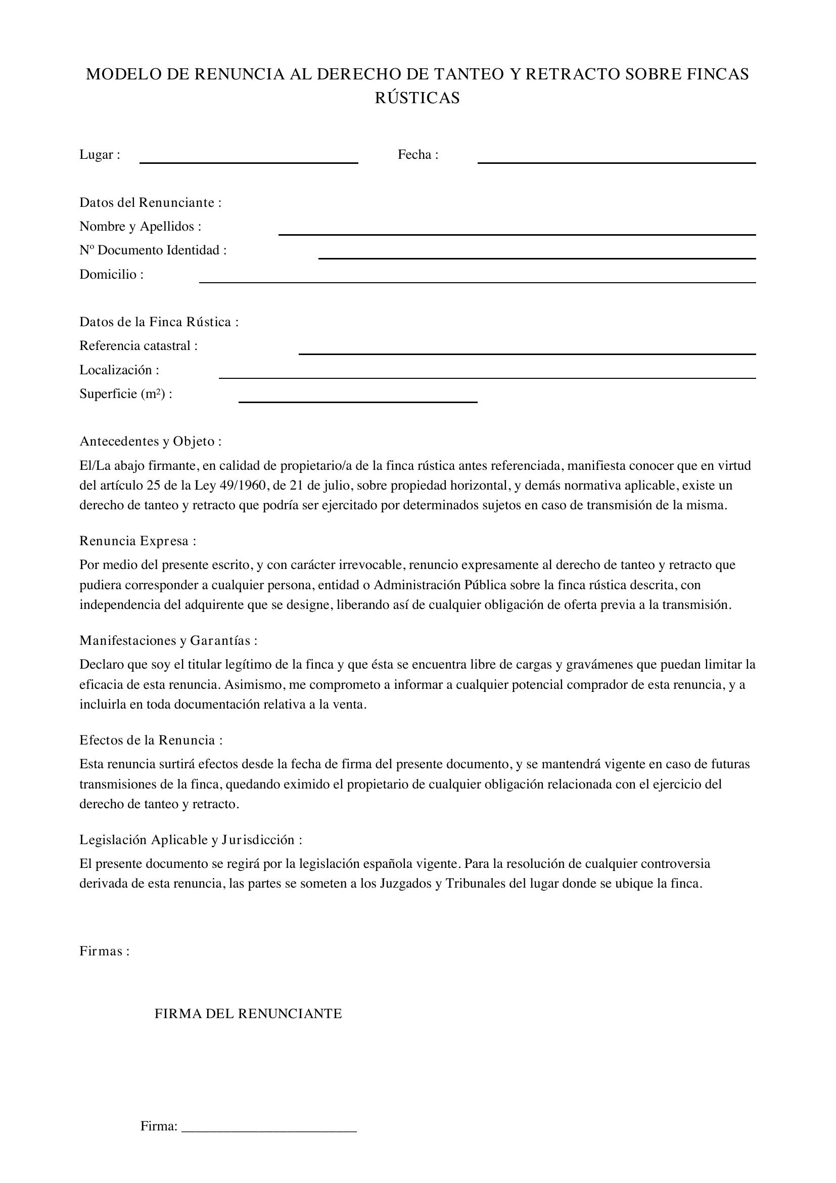 Modelo Renuncia Derecho De Tanteo Y Retracto Fincas Rústicas