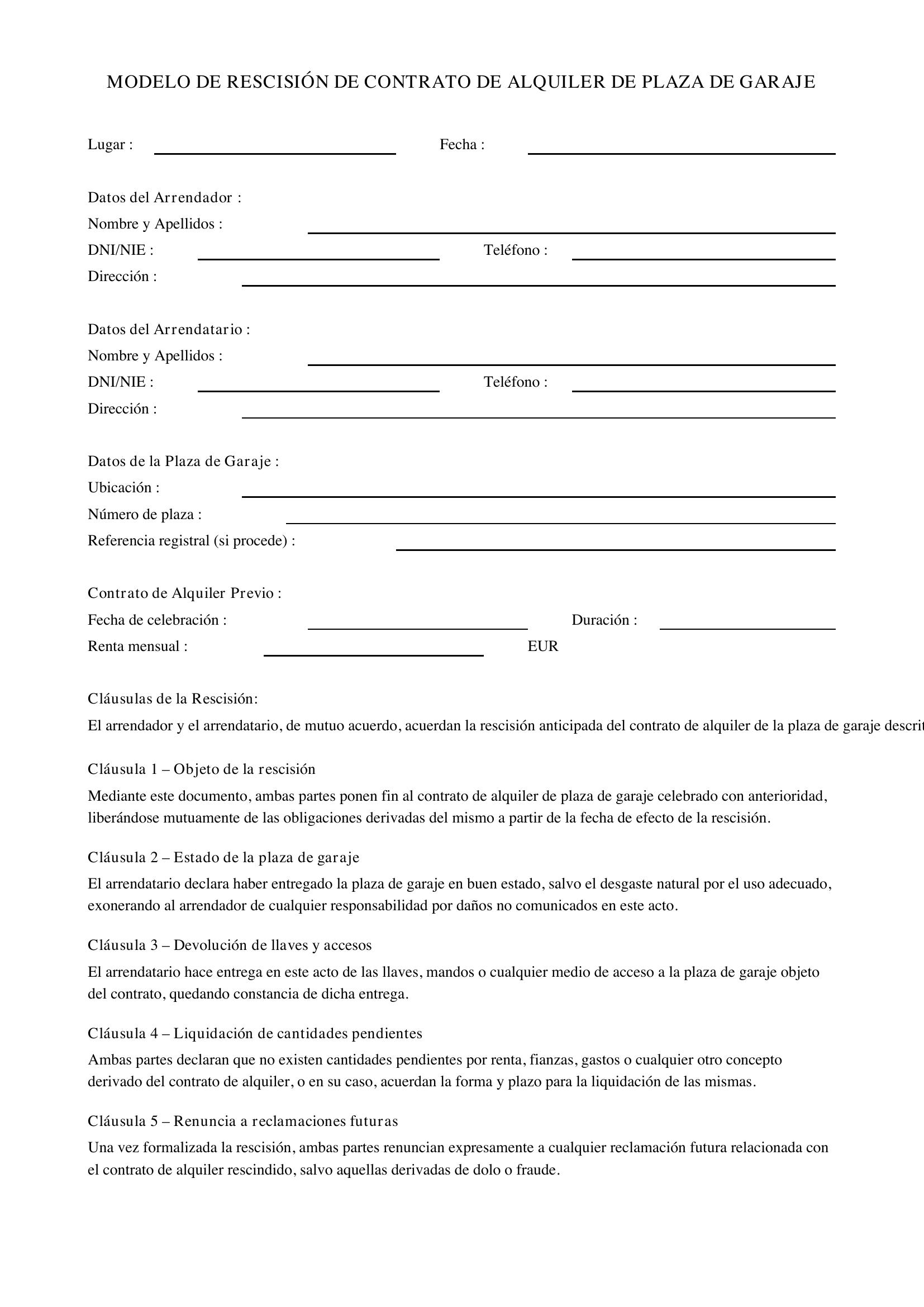 Modelo Rescisión Contrato Alquiler Plaza De Garaje