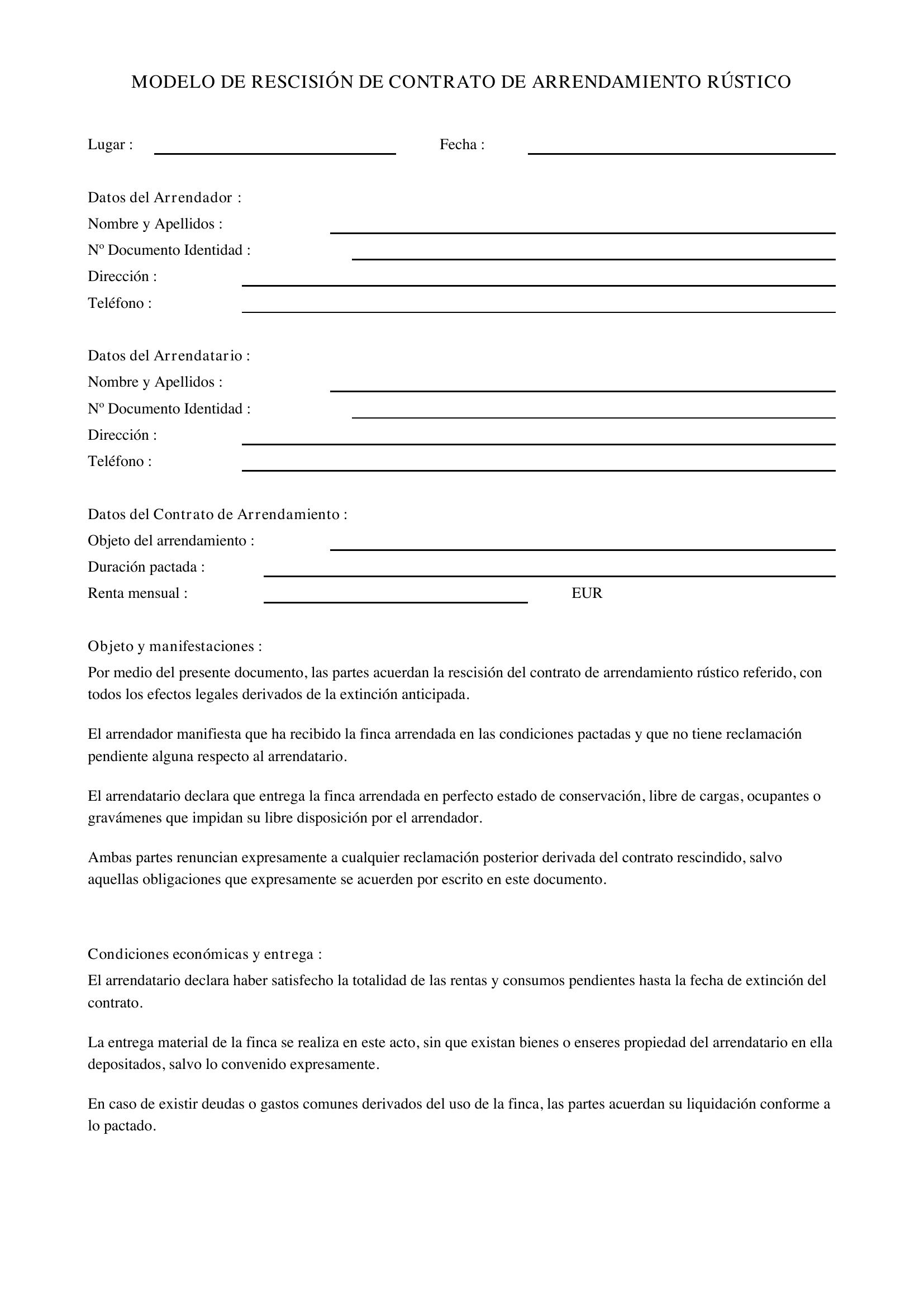 Modelo Rescisión Contrato Arrendamiento Rústico