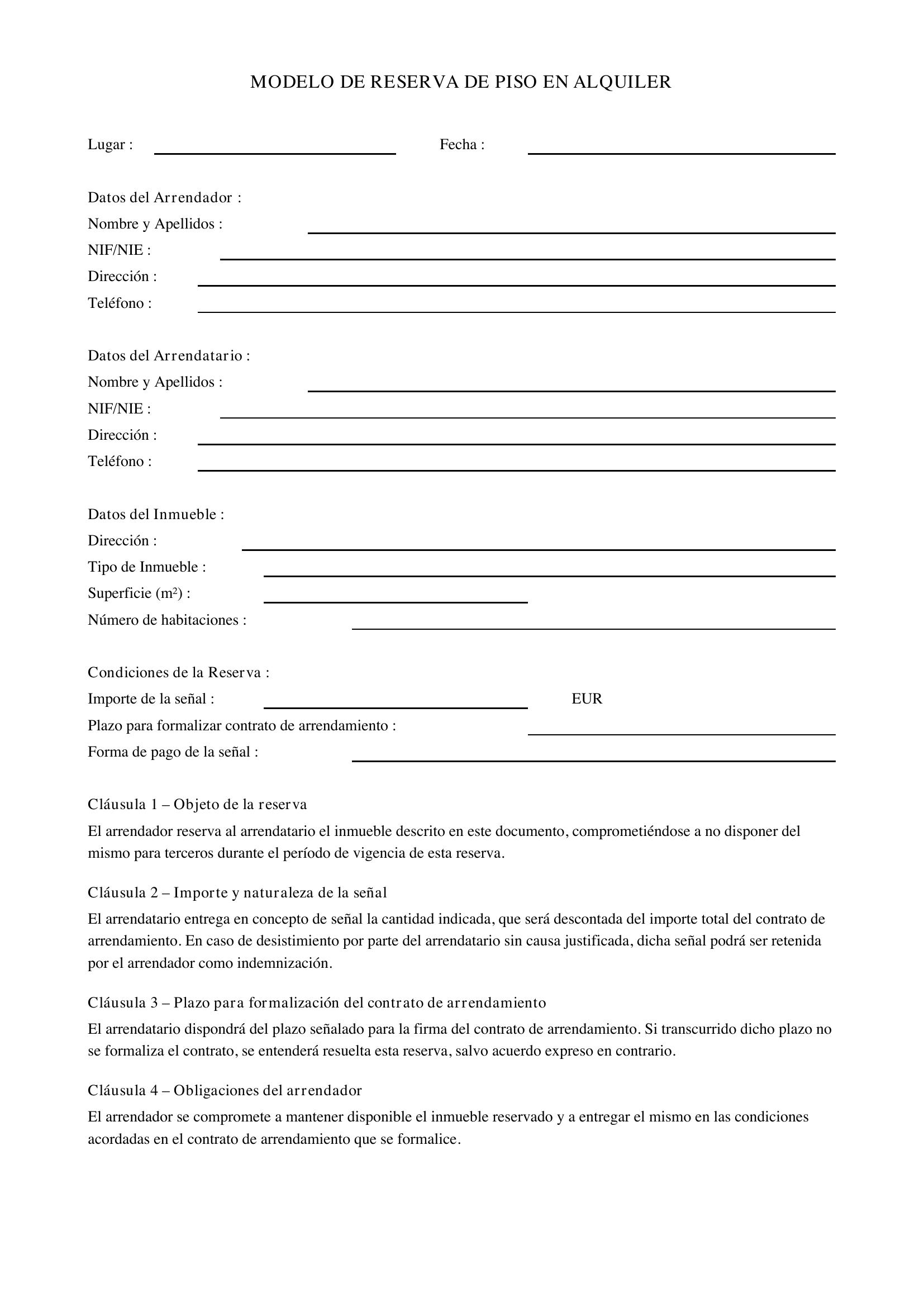 Modelo Reserva Piso Alquiler