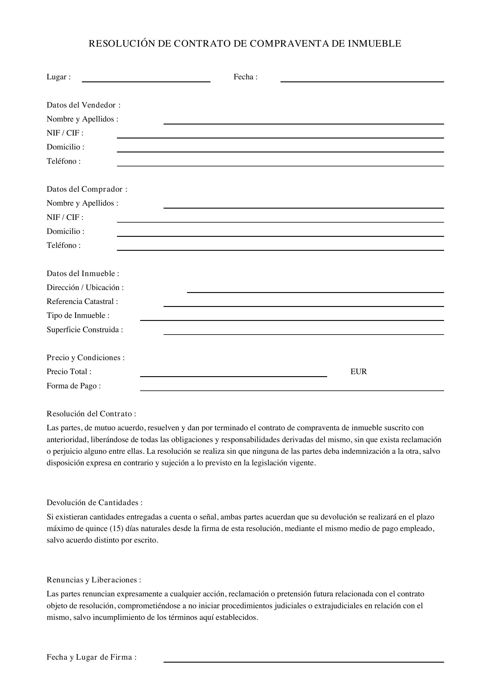 Modelo Resolución Contrato Compraventa Inmueble