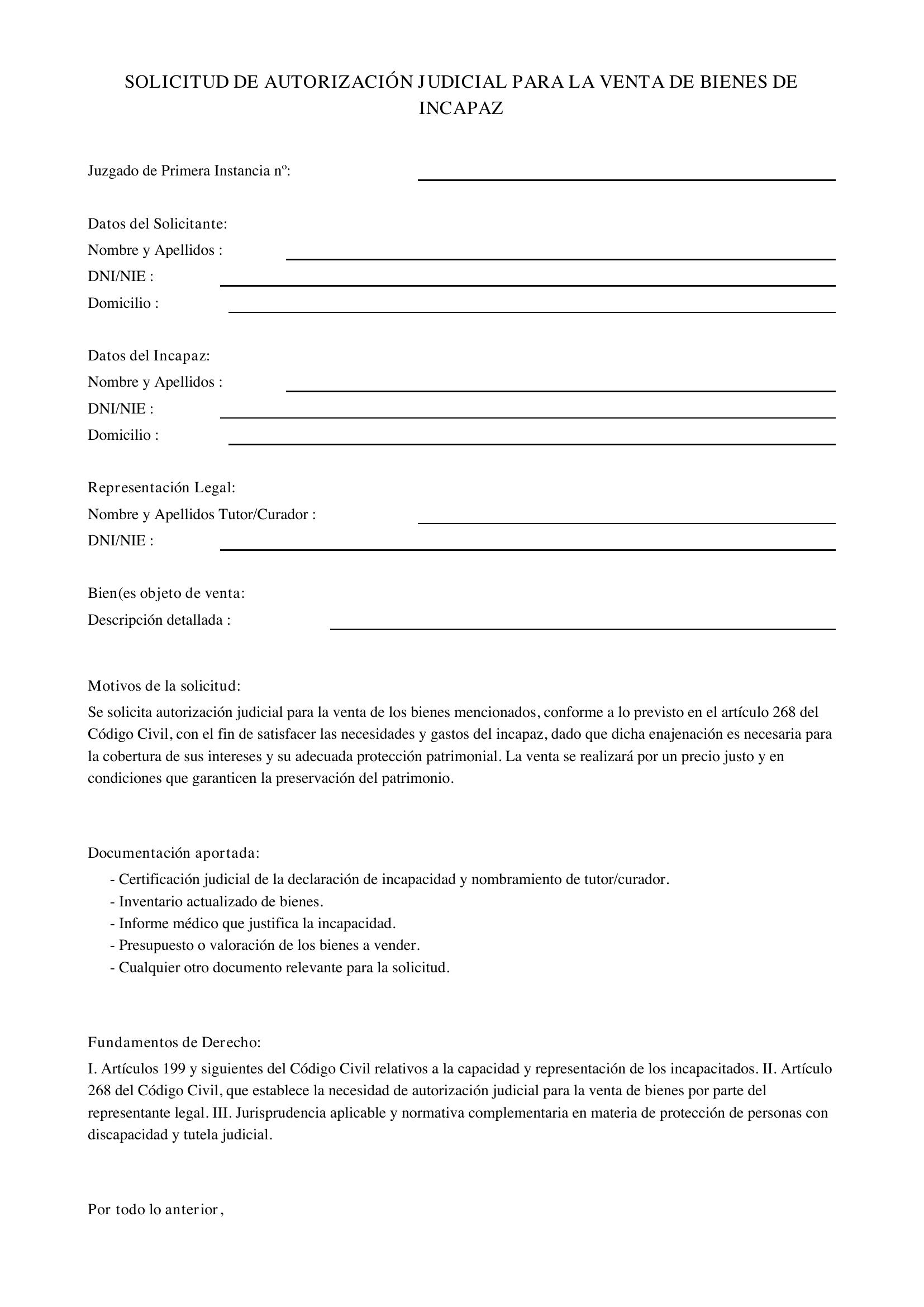 Modelo Solicitud Autorización Judicial Venta Bienes Incapaz