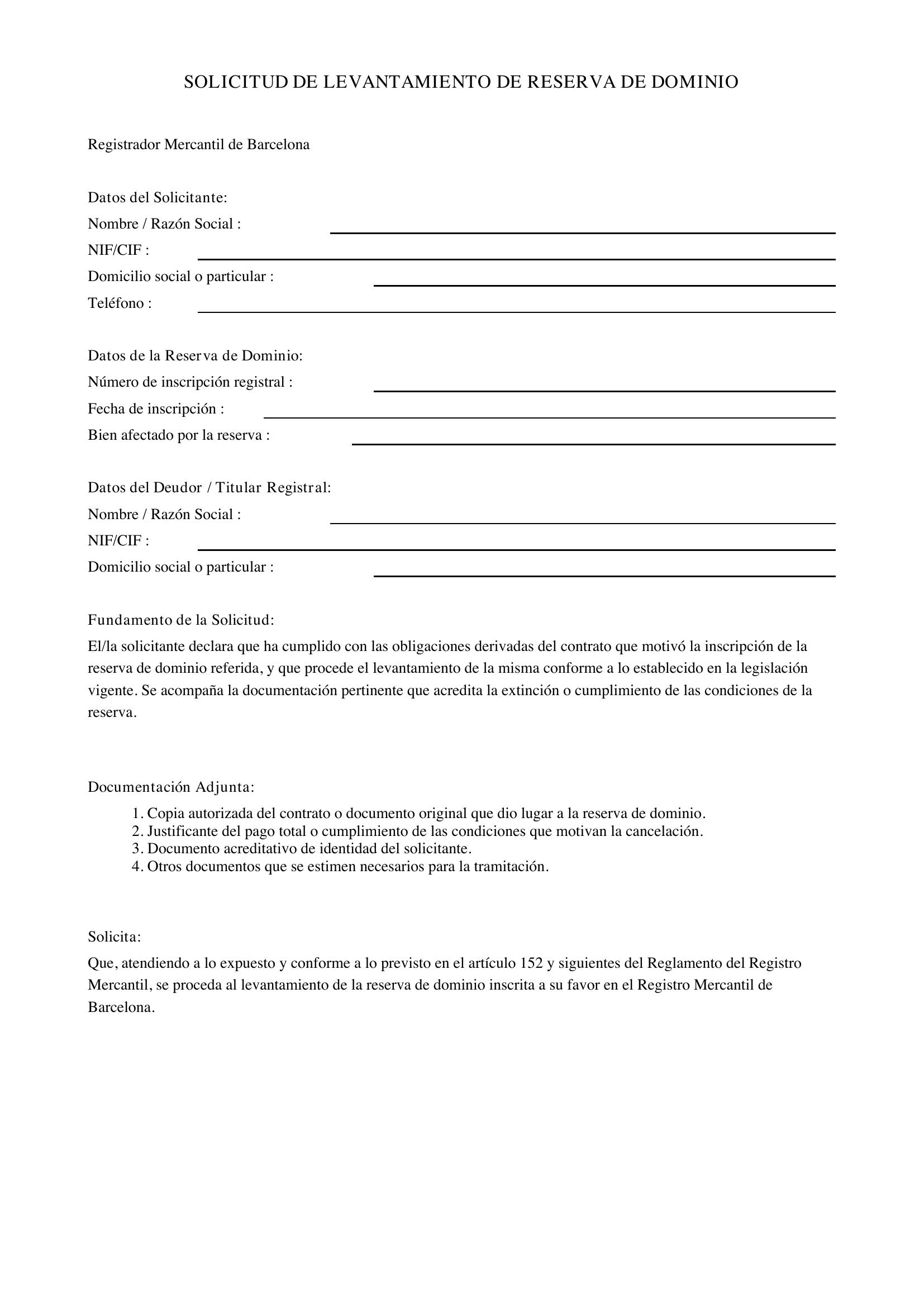 Modelo Solicitud Levantamiento Reserva De Dominio Barcelona