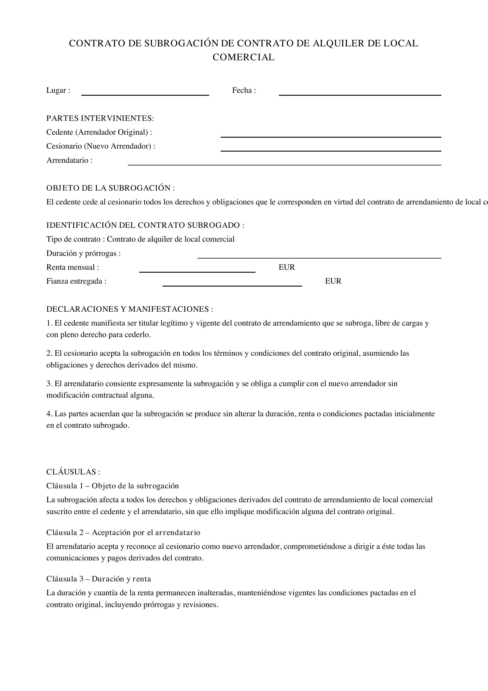 Modelo Subrogación Contrato Alquiler Local Comercial