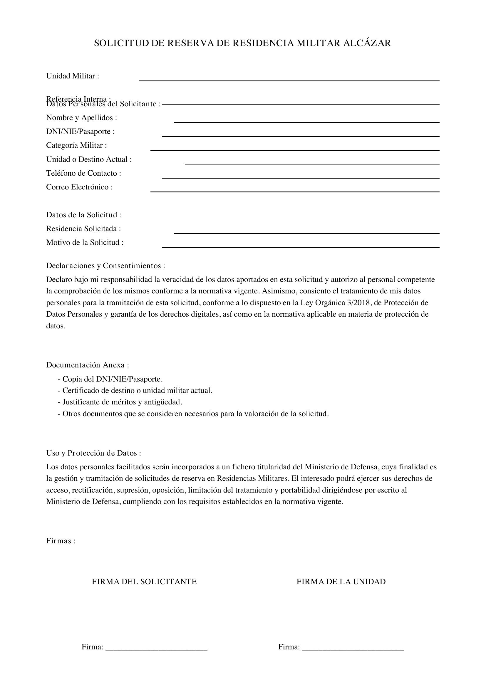 Solicitud Reserva Residencia Militar Alcázar